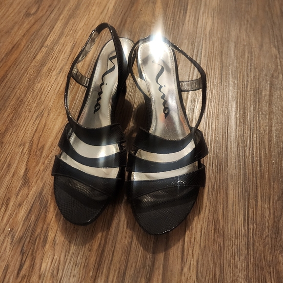 Nina Nadette Black Leather Croc Pattern Strappy Heel Sandals 7 New - Picture 6 of 14